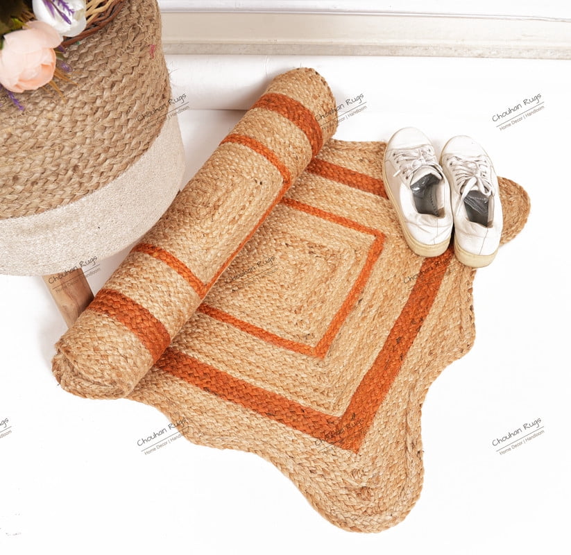 Natural Jute Hand Braided Area Rug Orange Scalloped Pattern Rectangle Rug