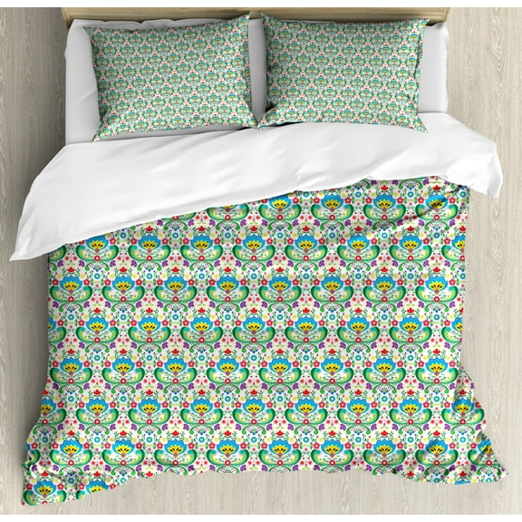 Norwegian Duvet Cover Set King Size, Colorful Pattern of European Folk Art Hues and Strokes Ornaments with Details, Decorative 3 Piece Bedding Set with 2 Pillow Shams, Multicolor, by Ambesonne