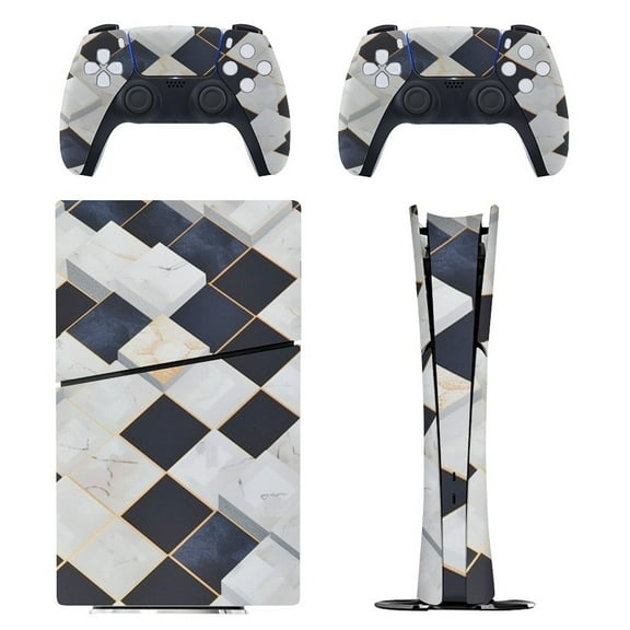 Skin Sticker for PS5 Slim Standard PS5 Pro Disc Digital Edition Console and Controllers Decals for Playstation 5 (White Navy Cubes,PS5 Slim Disc Edition)
