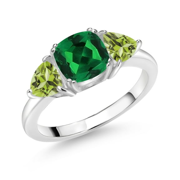 Gem Stone King 925 Sterling Silver Green Nano Emerald and Green Peridot 3 Stone Engagement Ring for Women (1.61 Cttw, Gemstone May Birthstone, Size 6)