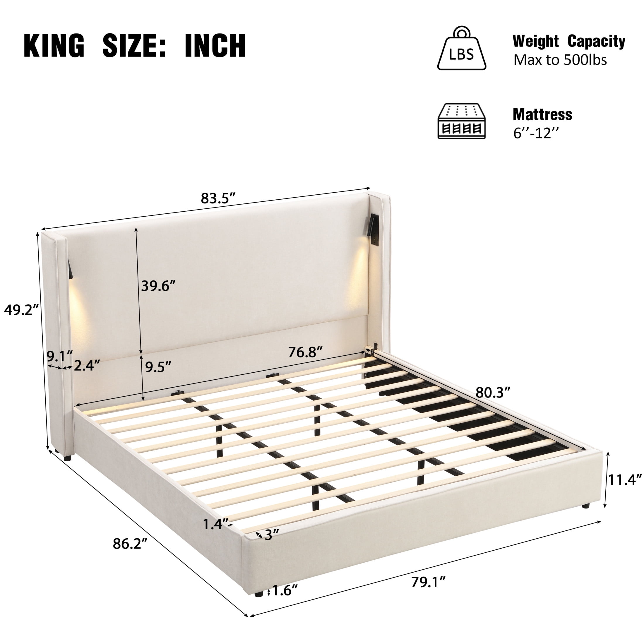 Carys Modern King Boucle Upholstered Bed, Platform Bed with Wingback Headboard, White