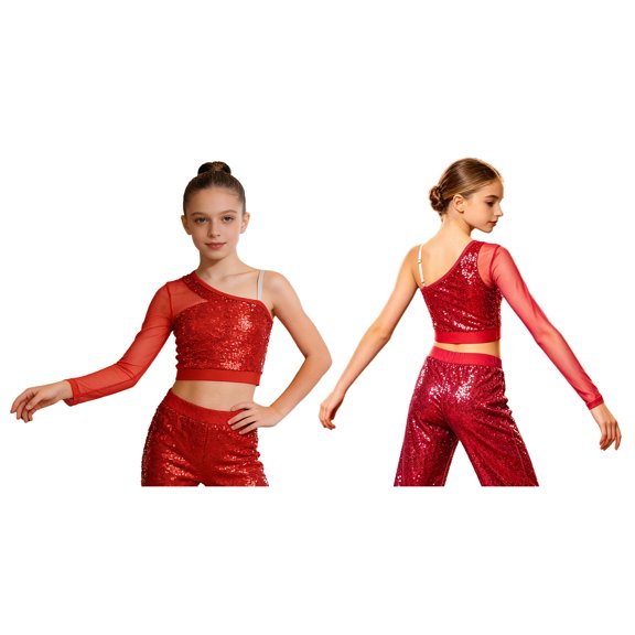 Aislor Kids Girls One Shoulder Long Sleeve Sequins Crop Top Athletic Shirts Jazz Hip-hop Dance Costume Size 6-16 Red 6