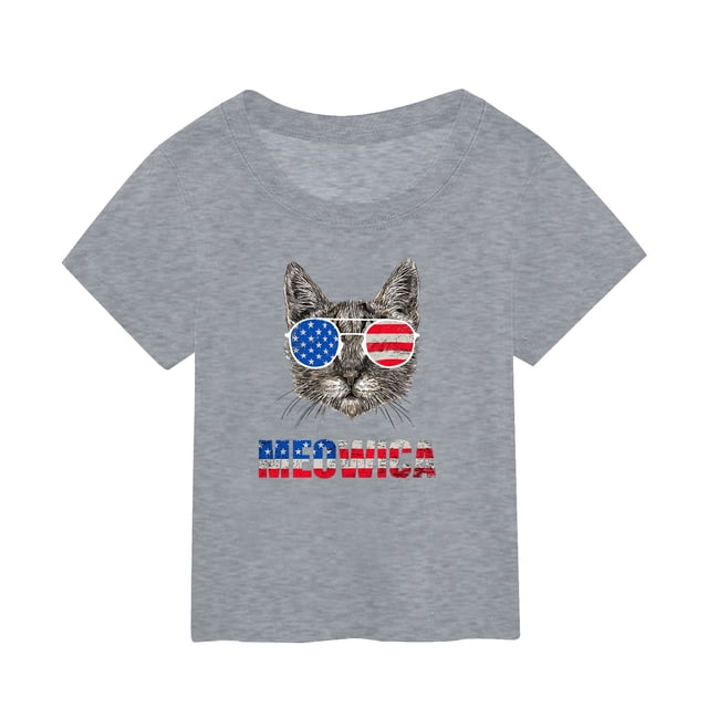 WEIYLL Girls T Shirts Summer Independence Day Cat Letter Printed Short Sleeved Child Tops