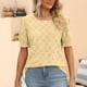 thumbnail image 3 of Blusa de manga corta con estampado de jacquard hueco, blusa de manga corta con cuello redondo, camisa hueca de manga corta, blusa de color puro, acabado de lujo, 3 of 6