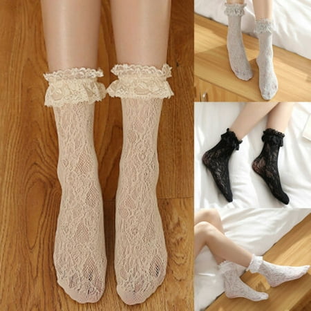 

Pudcoco Pair of Sheer Mesh Soft Ankle High Socks Lolita Pin-Up Vintage Floral Lace OS US