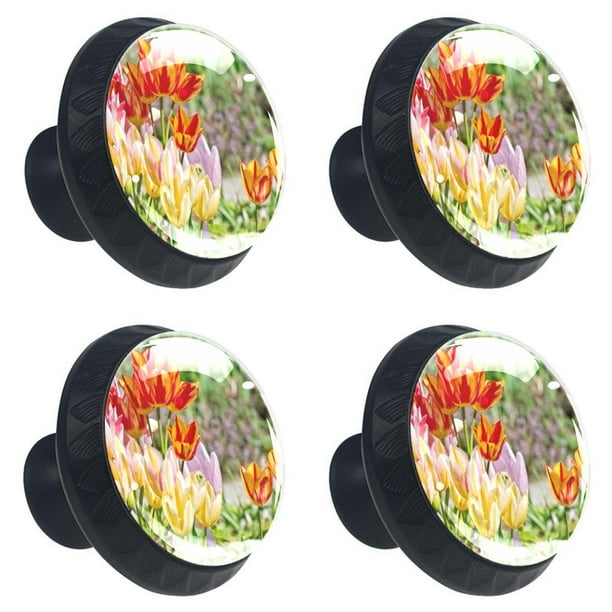 Ownta Spring Tulip Flower Bloom Black Round Glass Drawer Handles Knobs