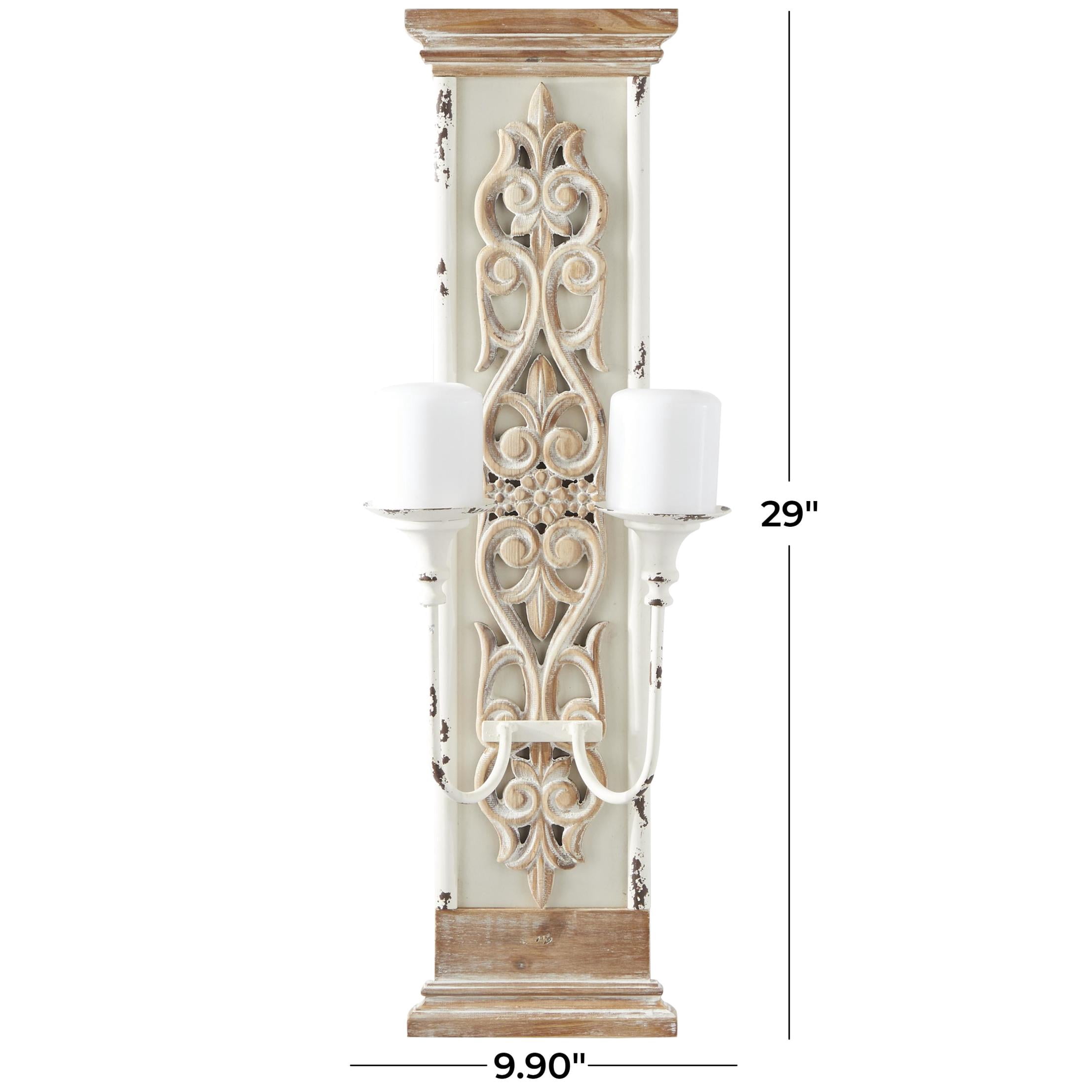 DecMode 2 Holder Brown Wood Scroll Pillar Wall Sconce