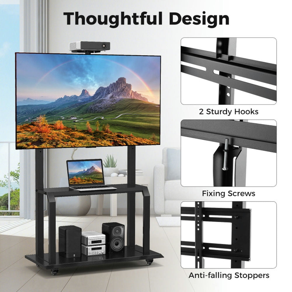 Finihen TV Stand, Mobile Media Console stand, Mobile TV Stand with Camera Shelf and AV Shelves for 32-80 Inch Flat/Curved TVs, for Living Room, Bedroom, Black