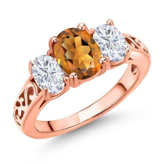 Gem Stone King 18K Rose Gold Plated Silver Orange Red Madeira Citrine and White Moissanite Filigree Style 3 Stone Ring for Women (2.10 Cttw, Oval 8X6MM and 6X4MM) (Size 5)