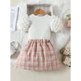 thumbnail image 3 of FEORJGP Toddler Girl Summer Outfit Kids Baby Short Sleeve T-shirt Crew Neck Pullover Solid Ribbed Bubble Tops with Plaid Print A-Line Skirt Set Little Girls Cute Fashion 2Pcs Daily Clothes, 3 of 9