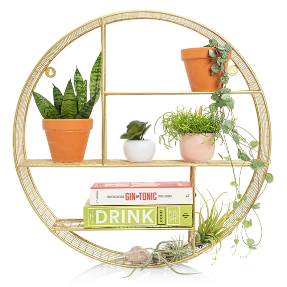 Kimisty Gold Round Circle Floating Shelves, 20 Inch Large Circular Bathroom, Bedroom Wall Shelf, Brass Geometric Wall Art, Boho Metal Wire Mesh Sconce and Crystal Shelf