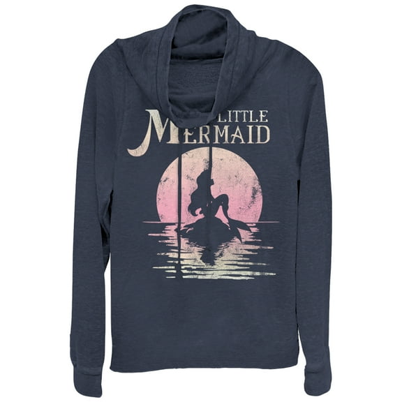 Junior's The Little Mermaid Ariel Sunset  Cowl Neck Sweatshirt Navy Blue X Large