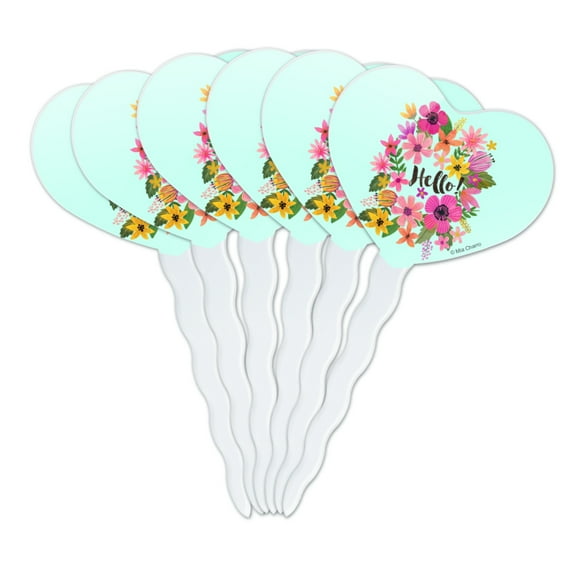 Hello with Pretty Flowers Heart Love Cupcake Picks Toppers Decoration Set of 6