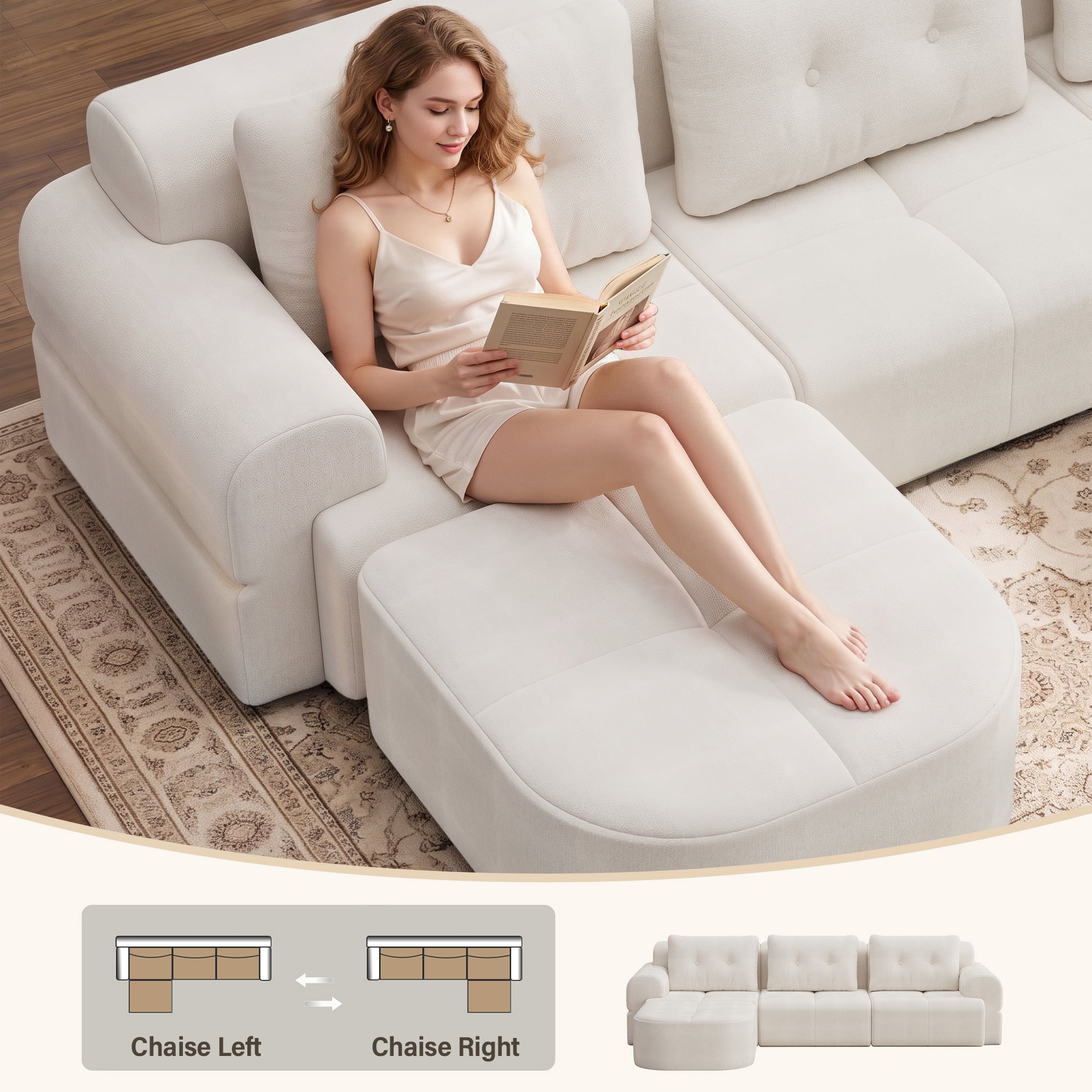 Aukfa 112" Modular Sectional Sofa with Chaise, Full-Foam Boneless Cloud Couch, Woven Chenille Oversized Deep Seat Sofa with 3 Pillows for Living Room, Beige