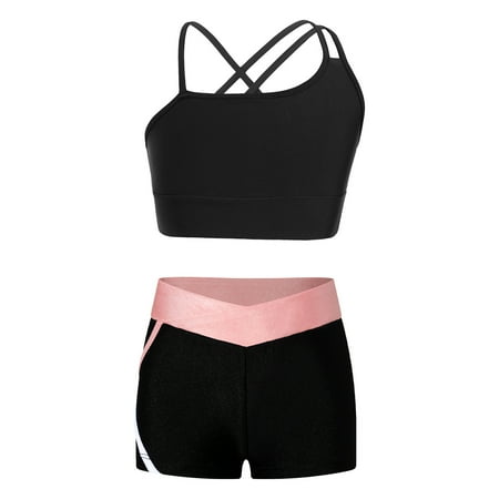Alvivi Kids Girls 2 Piece Dance Gymnastic Tracksuit Criss Cross Back Tank Top with Shorts Outfit Pink 10