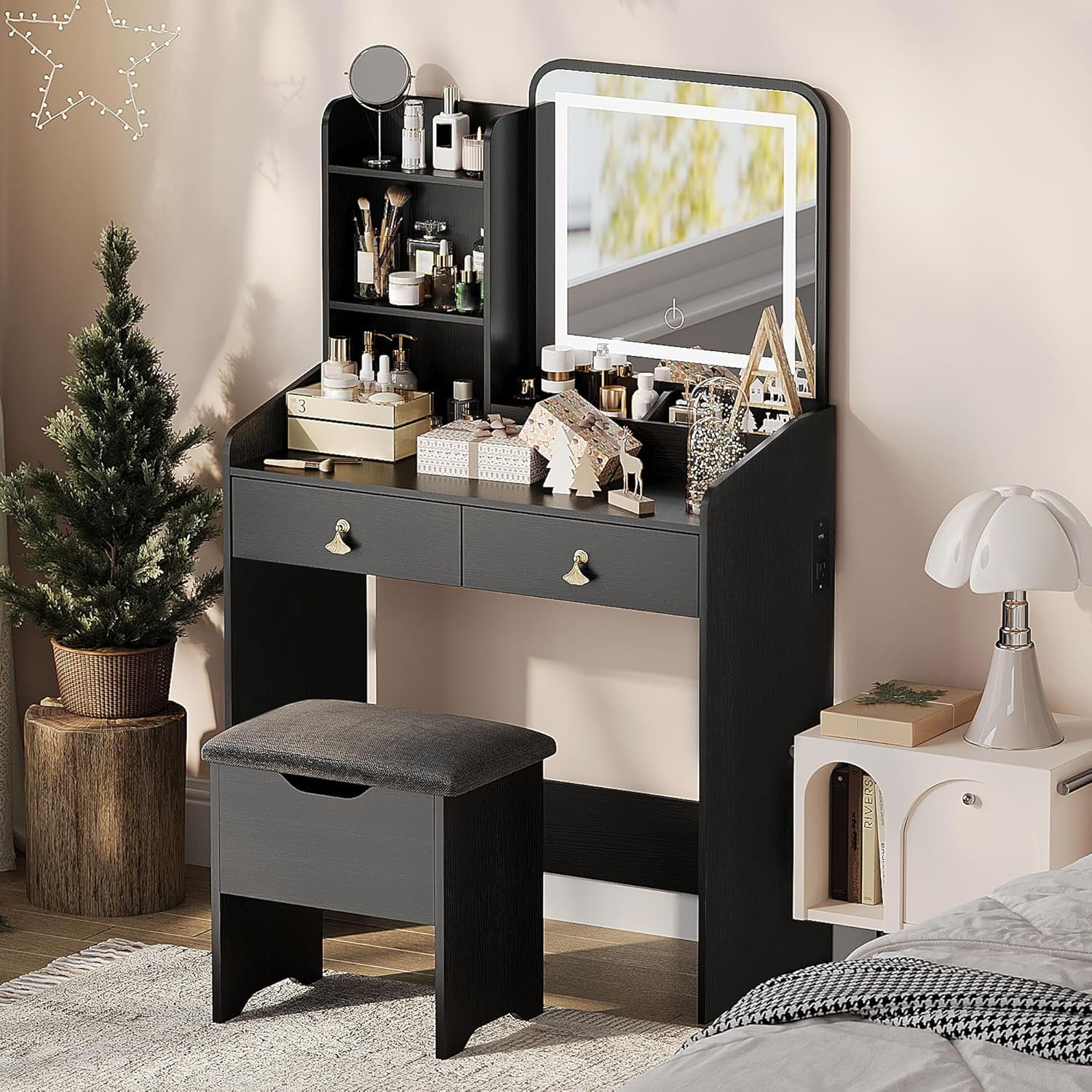 Large Makeup Vanity Desk With LED Mirror & Lights – 7 Drawers, 8 Shelves, Charging Station, Sliding Mirror (Black) - View #4