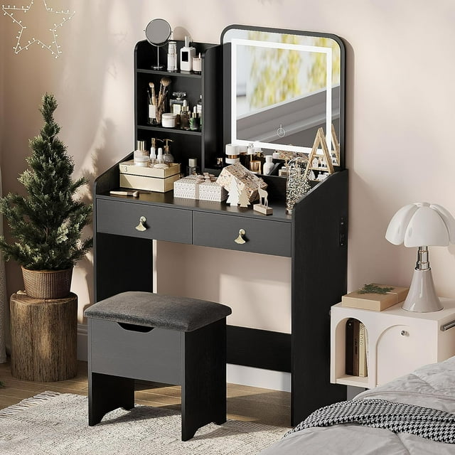 Bingirl Vanity Desk with Mirror and LED Lights, Makeup Vanity Desk with Power Outlet, 3 Lighting Color Adjustable, 2 Large Drawers, Dressing Table with Storage Stool Vanity