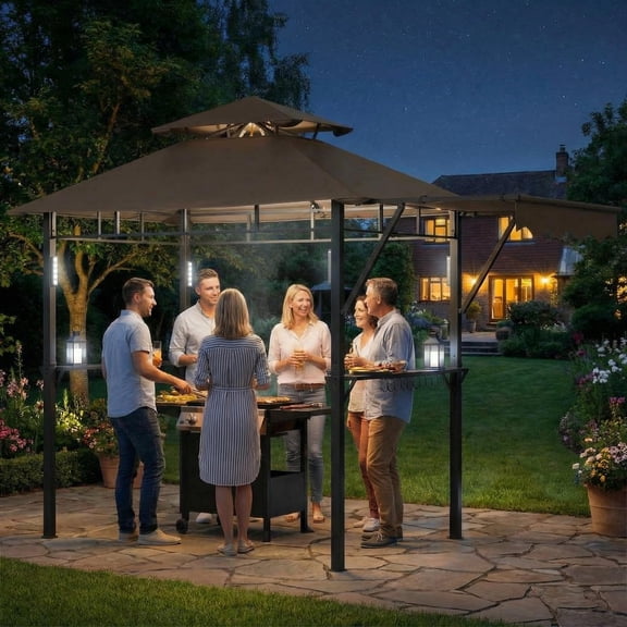 8x5 ft Grill Gazebo with Double-Tiered Roof, Heavy Duty Steel Frame BBQ Canopy with Side Shelves, LED Lights, Hooks & Bottle Opener for Backyard
