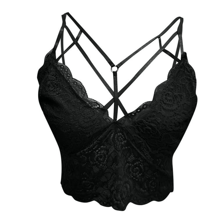 Hfyihgf On Clearance Womens Sexy Lace Floral Wirefree Bra Bustier Longline  Bralette Adjustable Strap Cross V-Neck Mesh Going Out Party Crop Top(Black,XXL)  