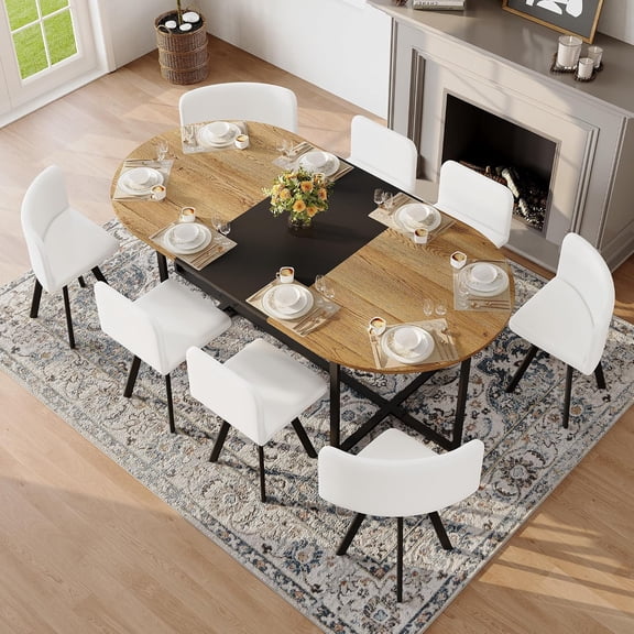 JUFU 78.7" Dining Table Set for 8, 9 Piece Kitchen Table Set with 8 PU Leather Chairs, Large Rectangular Dining Room Table Set, Modern Farmhouse Wood Dining Set for Home & Apartment