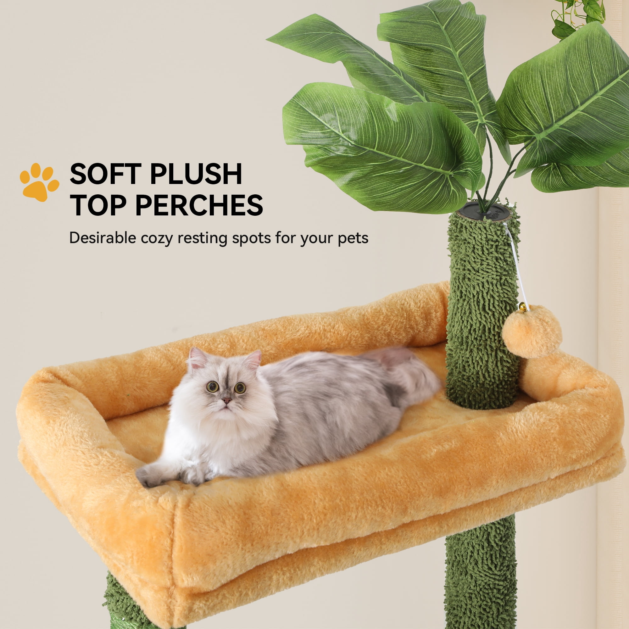 Uforic 73" Large Cactus Cat Tree Tower with Cat Scratching Posts Cozy Condo Perch for Indoor Cats, Green&Yellow
