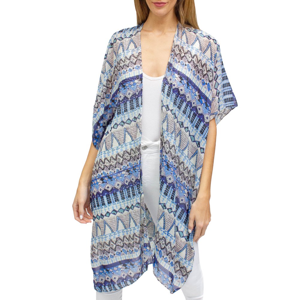 Jessica Mcclintock Women'S Blue Geometric Aztec Kimono With Studded