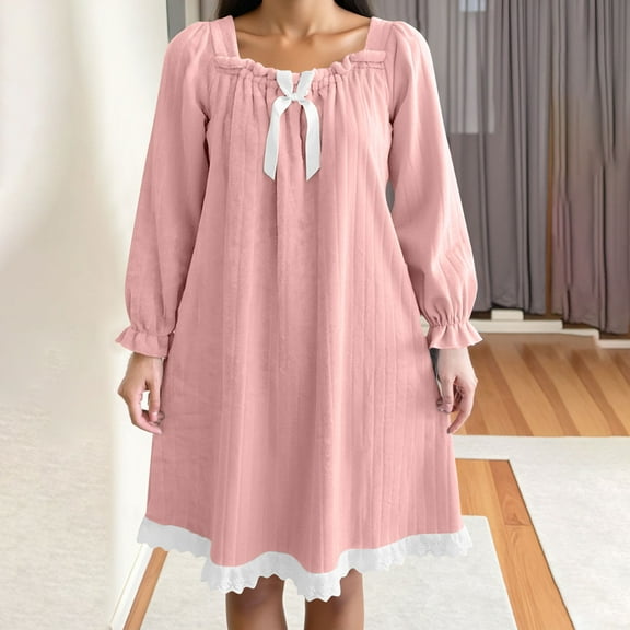 FDGIU Women's Long Sleeve Flannel Nightgown - Knee Length Sleepwear with Ruffle & Lace Trim, Cozy Winter Loungewear