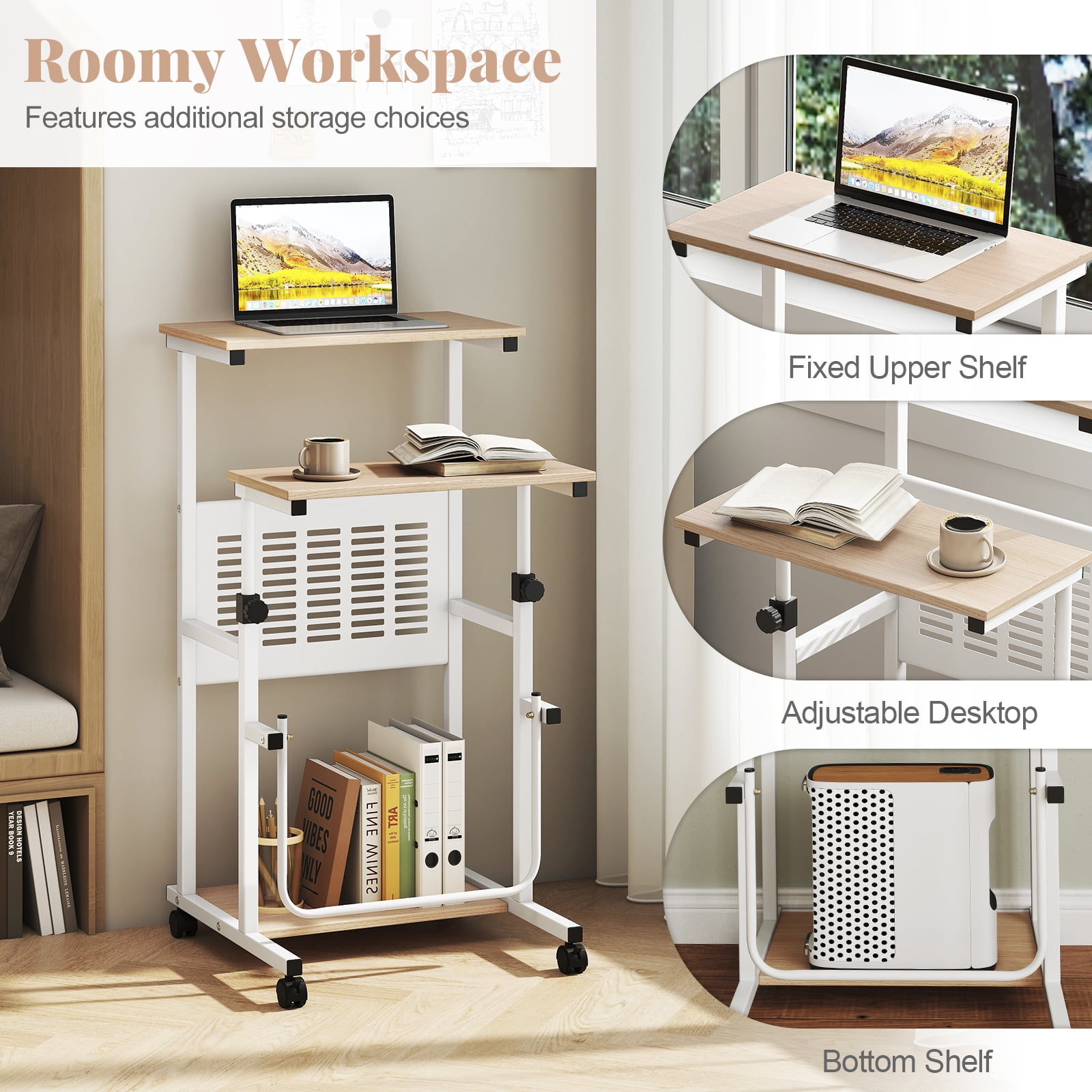 Giantex Height Adjustable Standing Desk, Rolling Stand Up Desk, Portable Laptop Desk w/Swivel Footrest, Mobile Computer Workstation