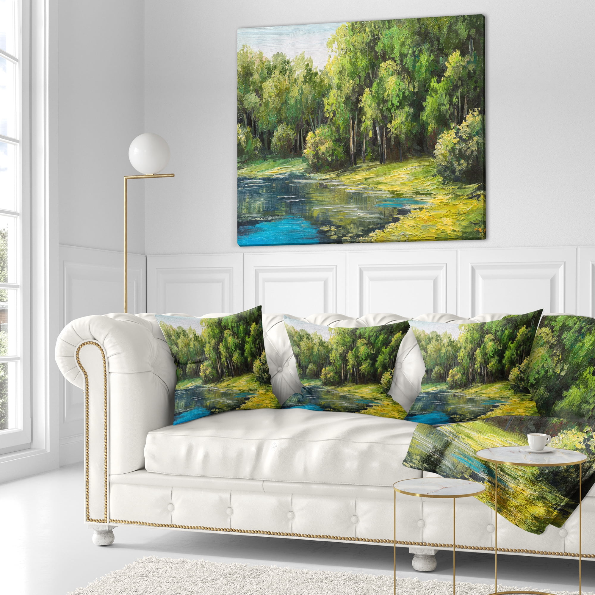 Designart Summer Day Lake in Forest - Landscape Printed Throw Pillow - 16x16