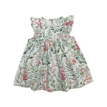

Girls Dresses Floral Flutter Sleeve Smocked Summer Flowy For 1-9Y Baby Sundress Streetwear