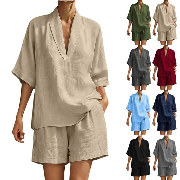 Women's Two Piece Outfits Cotton Linen Casual Tracksuit Short Sleeve Lapel Button Down Shirt Drawstring Shorts Set Y2k Clothes Ladies Co Ord Sets Loungewear Streetwear Black M