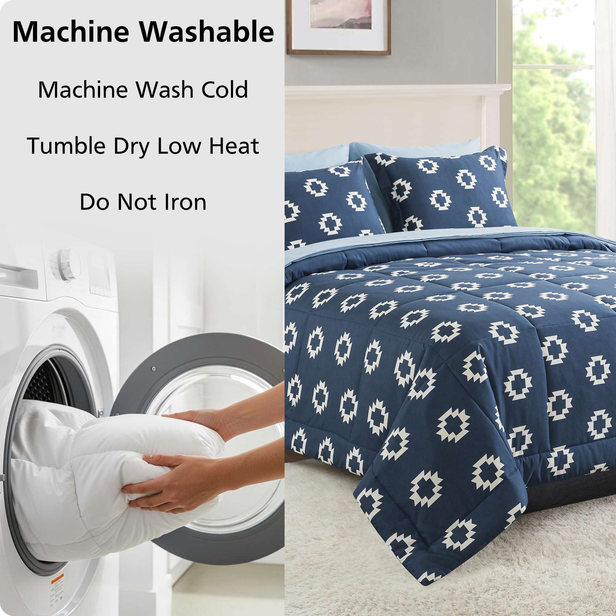 Mainstays All in One Reversible Comforter and Sheet Set, 7-Piece, Queen, Navy Geo