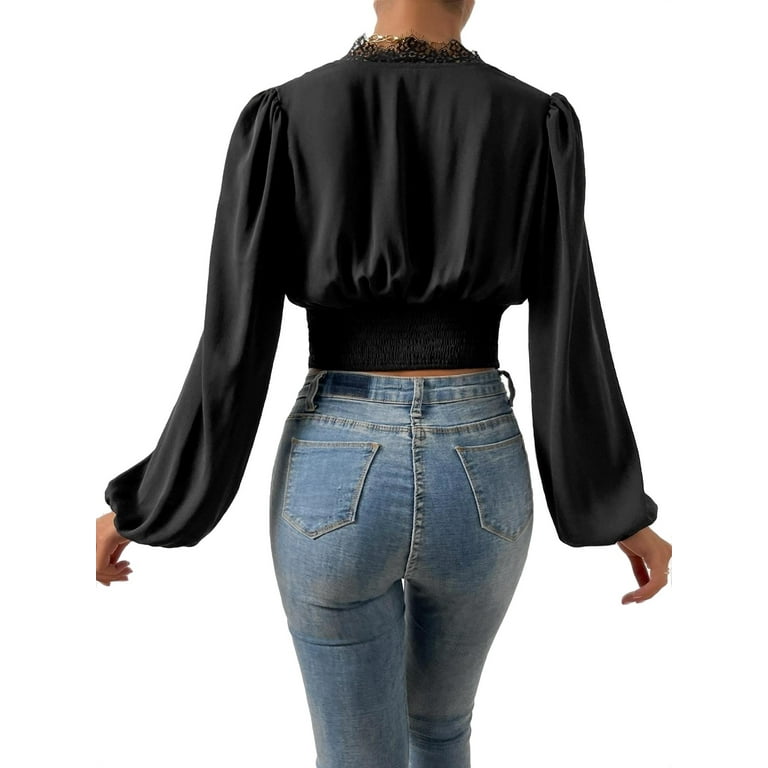 Elegant Deep V Neck Blouse Long Sleeve Black Women's Blouses (Women's)