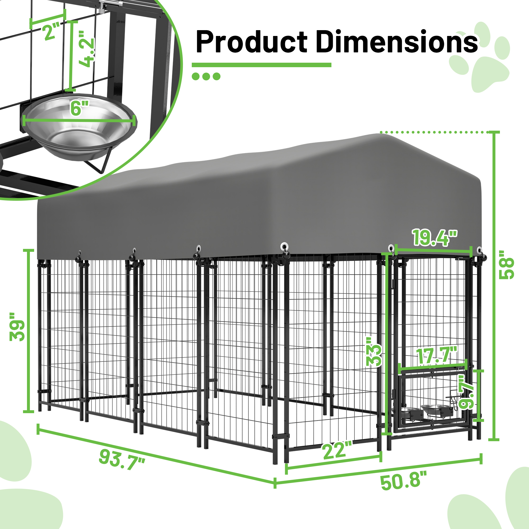 Outdoor Dog Kennel with Roof, 7.8'x3.8'x4.8' Welded Wire Dog Kennel Outside Run with 360° Rotating & 2 Bowls, for S&M&L Breeds, Chickens, Ducks