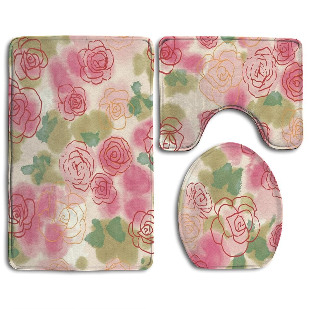 GOHAO Beautiful Floral 3 Piece Bathroom Rugs Set Bath Rug Contour Mat