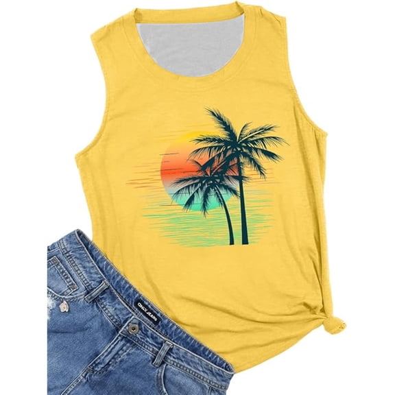 Wang6 Womens Plus Size Camisole Loose Fit Sleeveless Floral Printed Tank Tops Causal Crew Neck Summer Graphic Tees Tops Yellow XL
