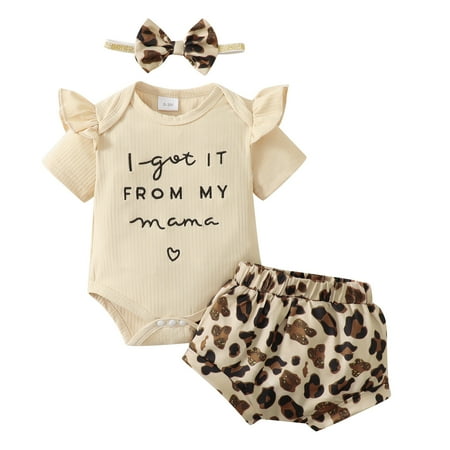

KIMI BEAR Infant Girls Outfits 12 Months Infant Girl Spring Summer Outfits 18 Months Infant Girl Pit Stripe One-pieces Short Sleevle Romper + Leopards Prints Brief Shorts+ Headband 3PCS Set Beige