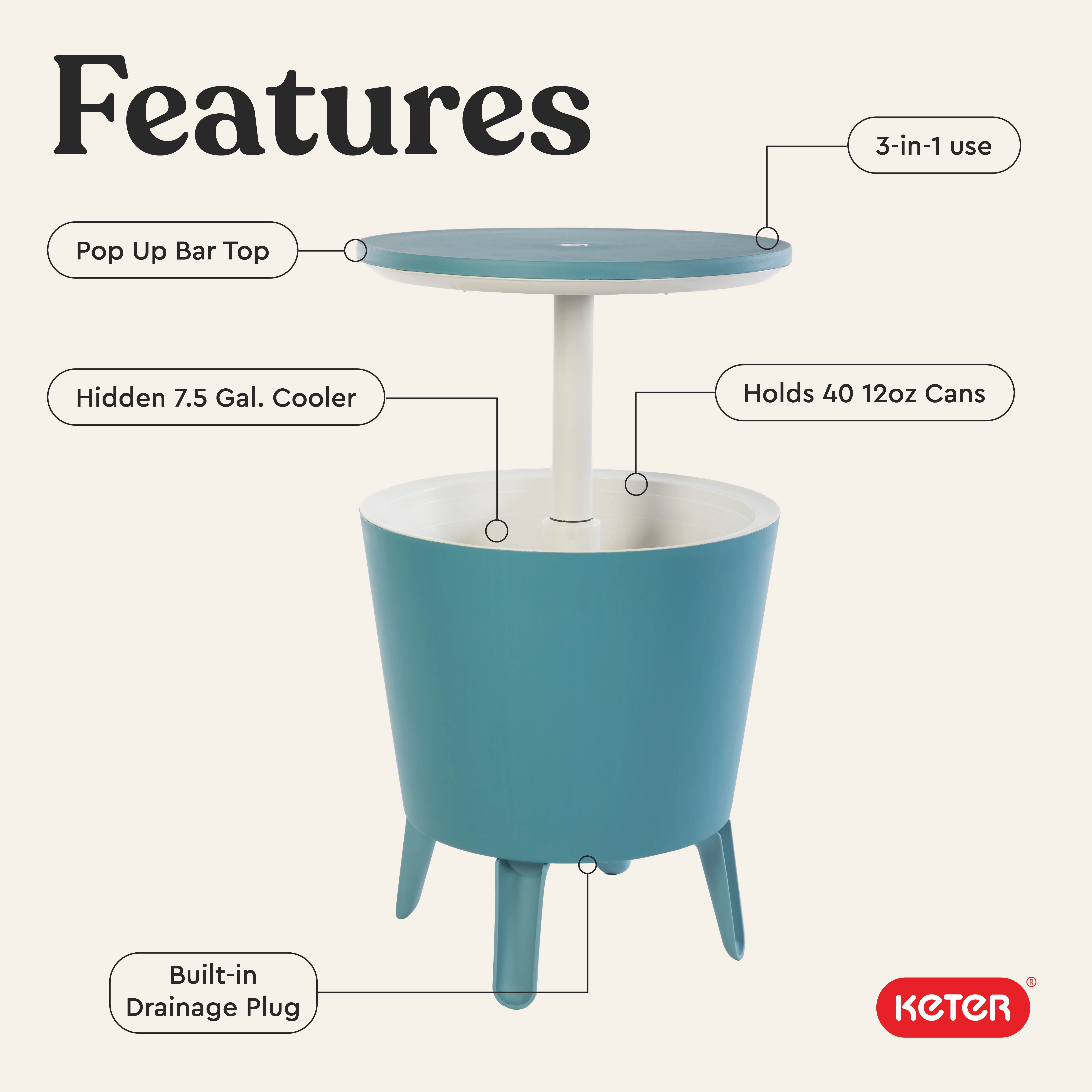 Keter Modern Cool Bar and Side Table Outdoor 2 in 1 Table and Bar Patio Furniture, Teal