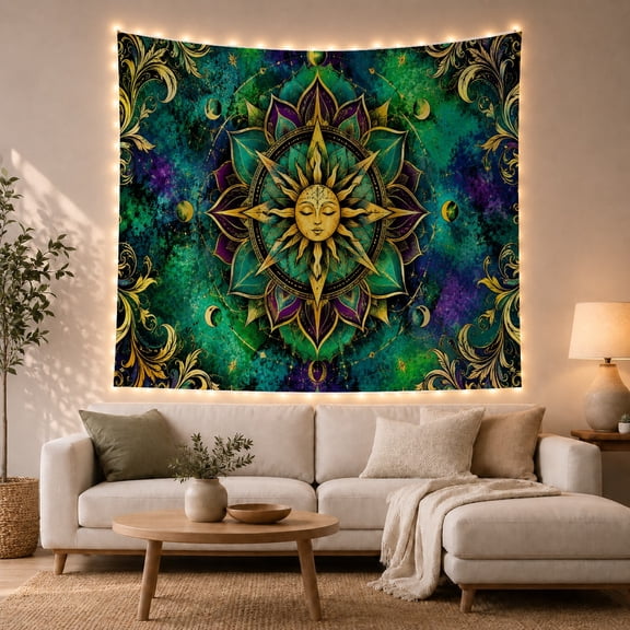 Sun Face Mandala on Cosmic Background, Mystical Boho for Celestial Art Lovers, Sun Wall Art, Housewarming Gift, Tapestry Wall Hanging for Bedroom and Meditation Room