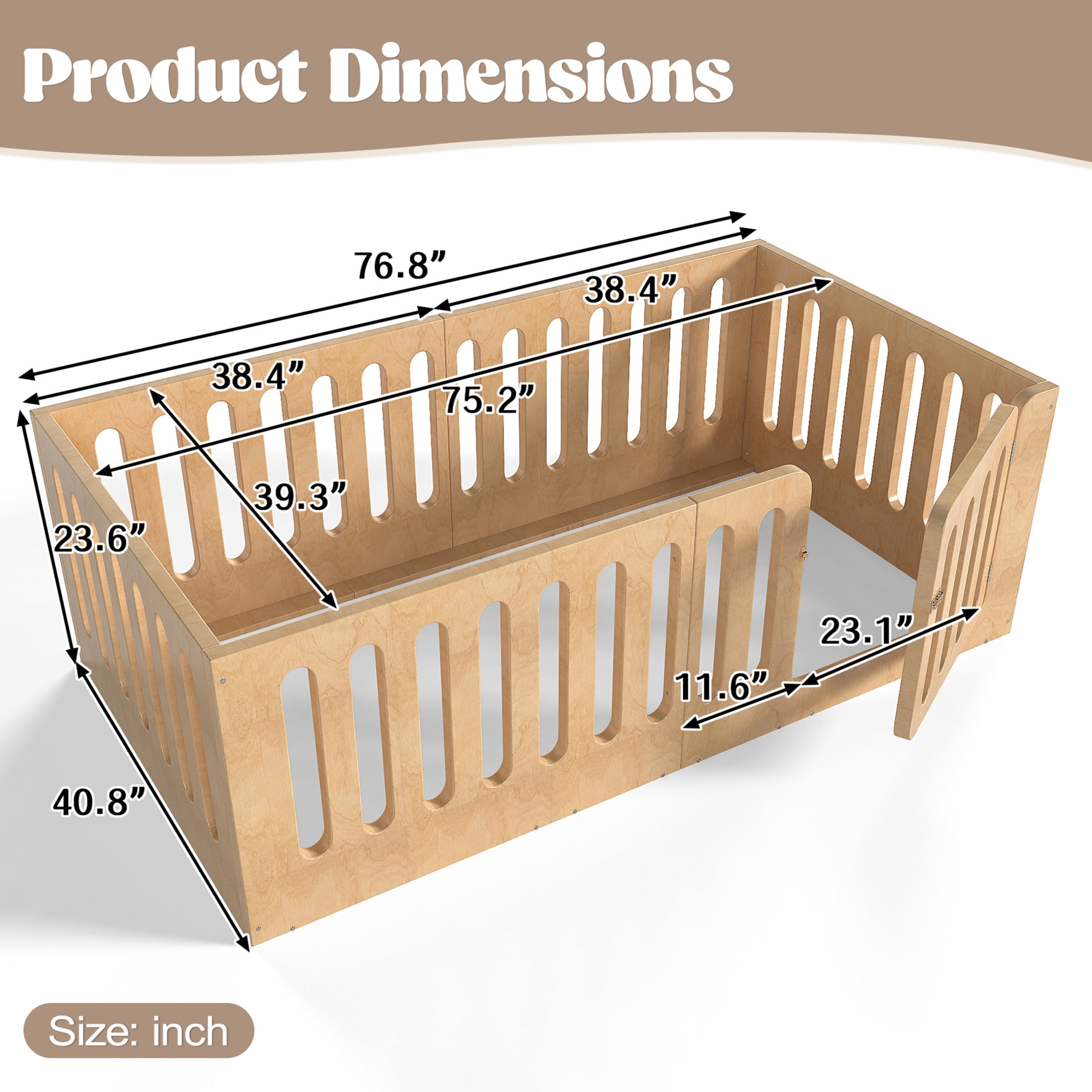 GDF Studio Twin Size Montessori Floor Bed with High Guardrails & Door, Low-Profile Design, Natural