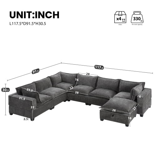 Howcool 118" Modular Sectional Sofa with Corner Seat and Movable Ottoman, Deep Seat Cloud Couch,7-Seat Living Room Set, Greyt,Grey