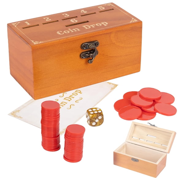 Juego Coin Drop Extruds de madera con 50 monedas, caja y dados