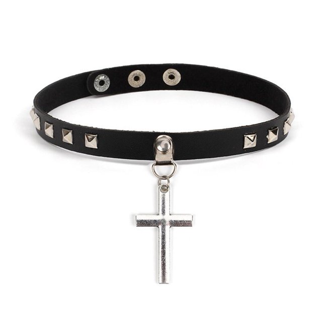 TQEHS Collar de cuero de PU estilo punk con remaches retro y cruz, gargantilla de cuero C4L7