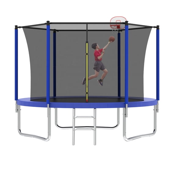 LuckyNote 10FT Trampoline for Kids with Basketball Hoop & Ladder, Outdoor Trampoline with Safety Enclosure Net, Fast Assembly for Backyard Fun