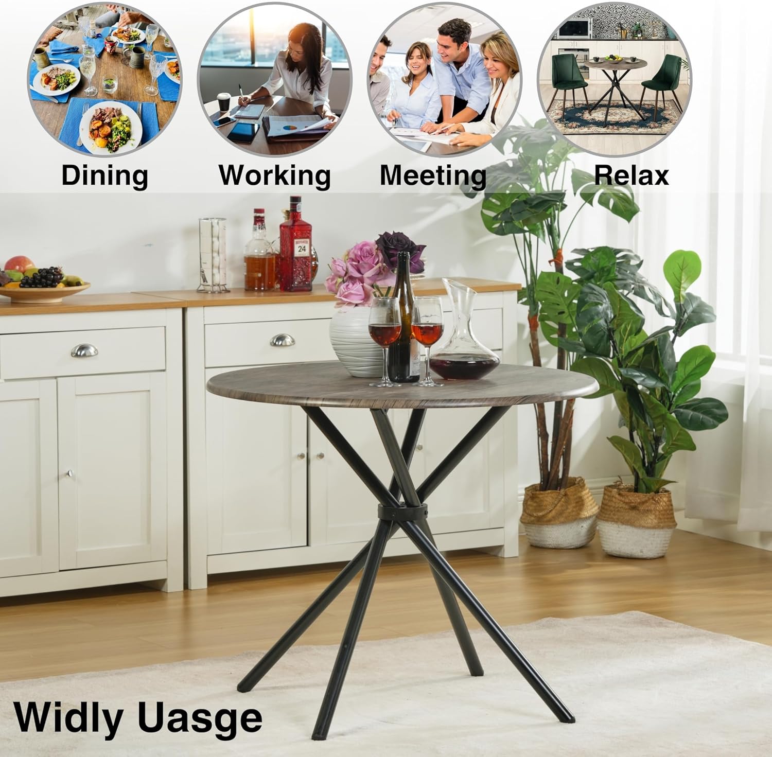 Round Dining Table for 2-4 People, Wood Top Dining Table with Intersecting Pedestal Base & Metal Legs, Multifunctional Table for Kitchen Living Room Home Office