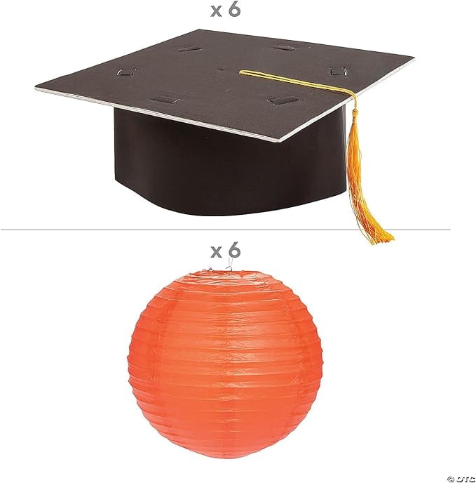 Hanging Paper Lantern with Graduation Cap Decorating Kit - 12 Pieces - Great For Graduation Celebration Parties (Orange)
