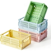 WENDYWU Mini Baskets Plastic for Shelf Home Kitchen Storage Bin Organizer,Stacking Folding Storage Baskets for Classroom Bedroom Bathroom Office 4-Pack