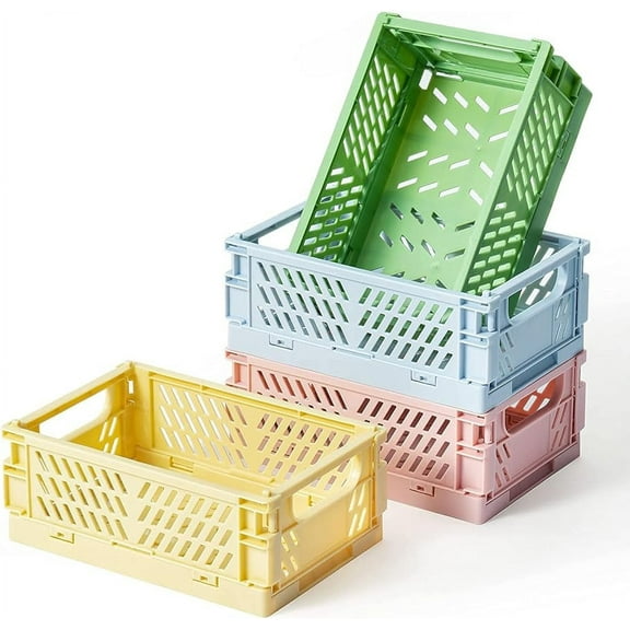 Wendywu Home Essentials Shelf-Mounted Woven Plastic Storage Baskets, Stackable and Foldable, 4 Set