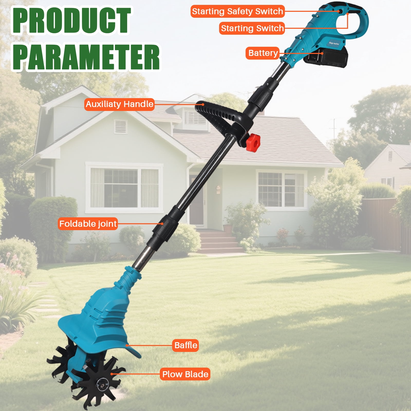Paddsun Cordless Tiller Cultivator, 21V Electric Garden Tiller 9In Tilling Width and 6.5In Depth Garden Rototiller for Lawn Gardening Soil Cultivation