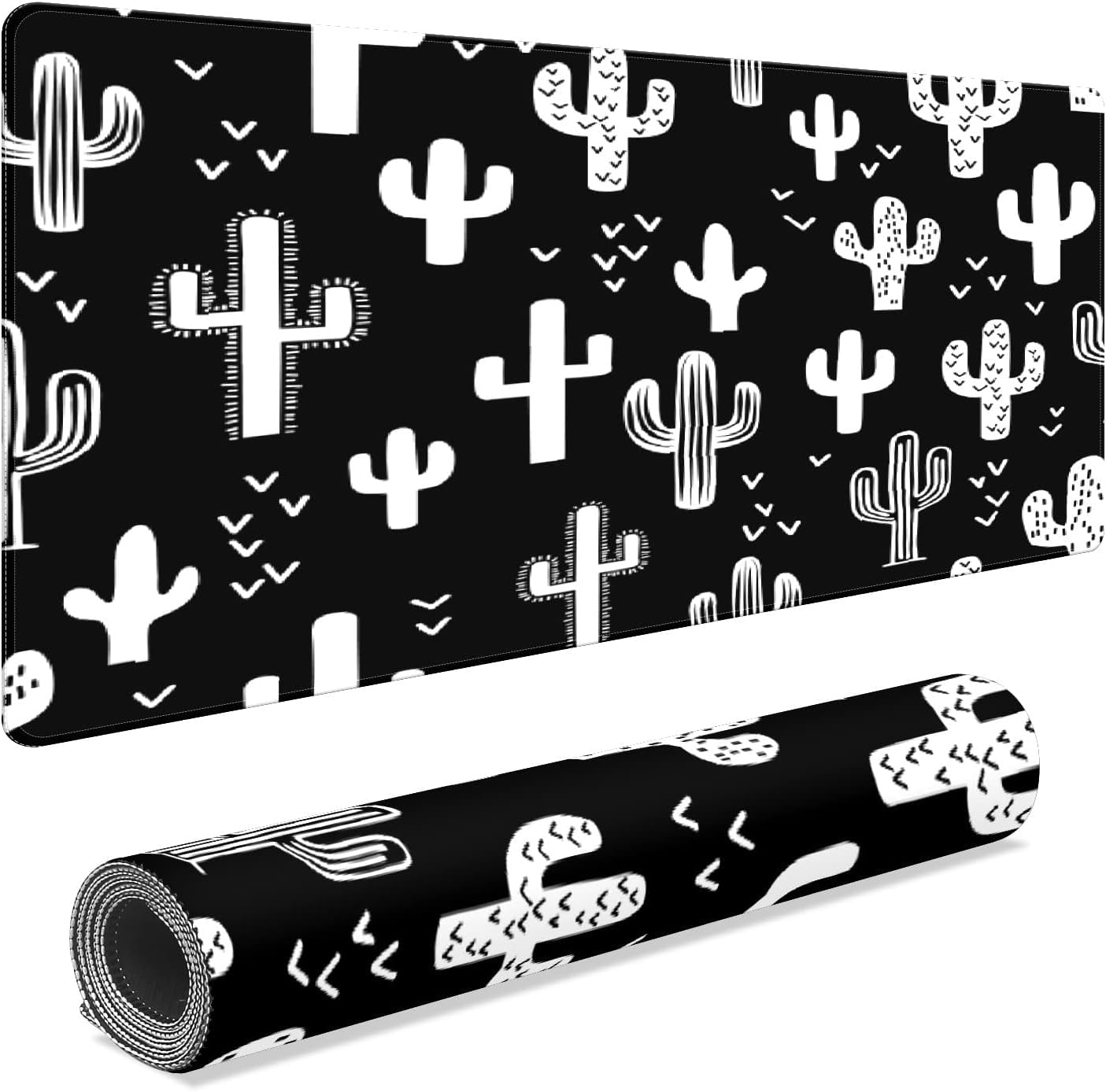 Black and White Western Cactus Desk Mat, Desk Accessory, Cute Workspace, Trendy Workspace, Trendy, 35.4x15.7in Large Gaming Mouse Pad, Cute Desk Topper, Pretty Desk Pad